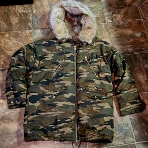 Zara Camouflage Fur-Lined Hooded Coat